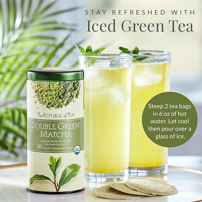The Republic of Tea - Organic Double Green Matcha, Naturally Caffeinated Japanese Green Tea Powder and Leaves, Steeps 50 Cups (Pack of 2)