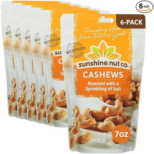 Sunshine Nut Company Whole Roasted Lightly Salted Cashews, Sprinkling of Salt Flavor, 6 Pack, 7 oz. Each, Gluten Free, Peanut Free and Vegan Individual Snack Packs for Kids and Adults, GMO Free