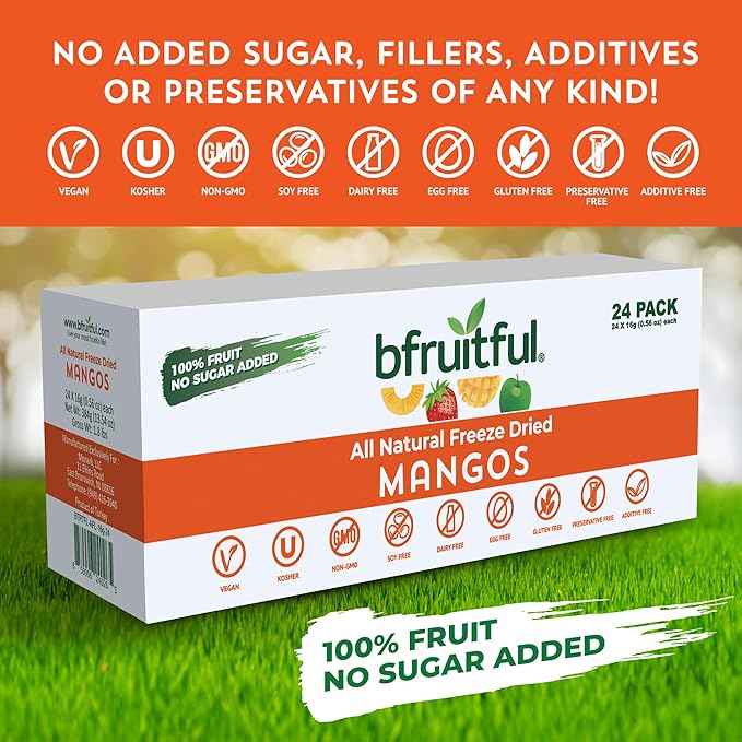 bfruitful Freeze-Dried Mango, Freeze Dried Fresh Fruit Bites, Gluten Free, Vegan, Dairy Free, Kosher, No Sugar Added, Non GMO, Healthy Snacks for Kids or Adults, 0.56 oz Single-Serve Snack Packets, 24 Pack
