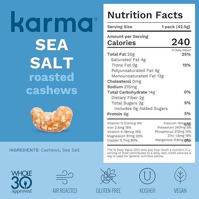 Roasted Sea Salt Cashews by Karma Nuts, Whole, Roasted, Vegan, Gluten Free, Low Net Carb, Natural, No Sugar Added, Keto Friendly, Everyday Nut Snack, 1.5 Ounce (12 Snack Packs)