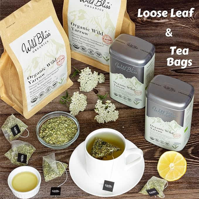 Wild Bliss Organic Yarrow Flower Tea - Caffeine Free Loose Leaf Herbal Tea - Pharmacopoeia Potency - 7 Ounces - 100 Servings