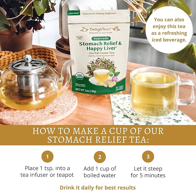 DelighTeas Liver Detox tea | Stomach Relief & Liver Cleansing | Ayurvedic Loose Leaf Milk Thistle, Fennel, Ginger Tea for Digestion | USDA Organic, Vegan, Caffeine Free, Sugar Free | 50 Servings, 5oz