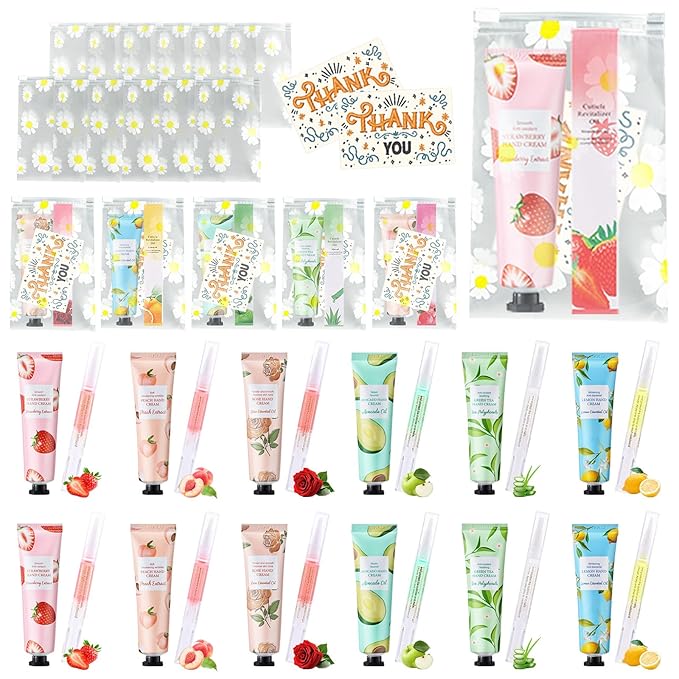 KWOLYKIM 12 Sets Bulk Hand Cream and Bulk Cuticle Oil Pen Christmans Gift Set for Women Coworker Hand Repair with Makeup Bag and Thank You Card Skincare Gift Bridal Shower Favors for Guests Party Gift