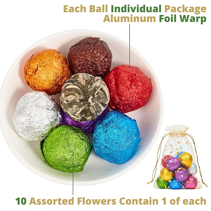 10 Assorted Blooming Flower Tea Balls Gift Set| Handmade Herbal Flowering Tea Balls Variety Individual Packing| Blooming Green Teas with Flowers for Teas Lovers, Anniversary, Valentine, Birthday (Star & Moon Bag)