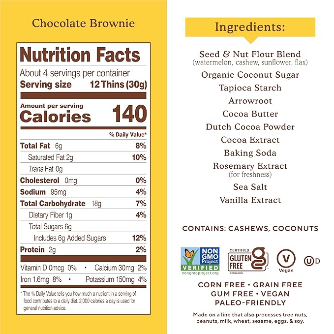 Simple Mills Sweet Thins Cookies, Nut & Seed Flour, Chocolate Brownie, Gluten Free, Paleo Friendly, Healthy Snacks, 4.25 oz Pack of 6