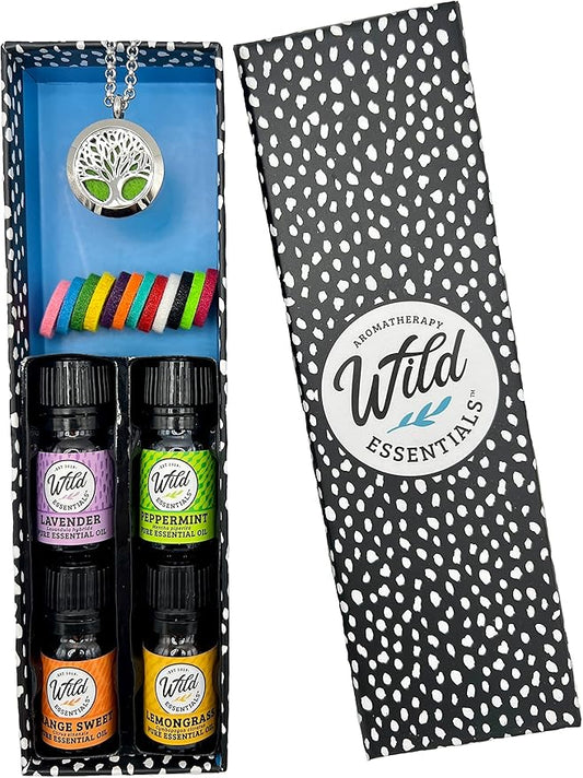 Wild Essentials Tree of Life Necklace Essential Oil Diffuser Kit With Lavender, Lemongrass, Peppermint, Orange Oils, 12 Refill Pads, Calming Aromatherapy Gift Set, Customizable Color Changing, Perfume