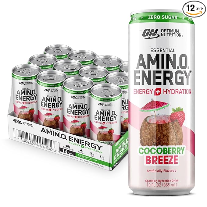 Optimum Nutrition Amino Energy Sparkling Hydration Drink, Electrolytes, Caffeine, Amino Acids, BCAAs, Sugar Free, Cocoberry Breeze, 12 Fl Oz, 12 Pack (Packaging May Vary)