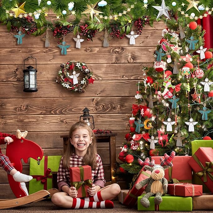 30 Pcs Angel Christmas Ornaments Bulk Wooden Rustic Farmhouse Christmas Tree Hanging Craft Decorations Small Wood Ornament Bulk White Brown Blue Ornament for Xmas Tree Home Decor