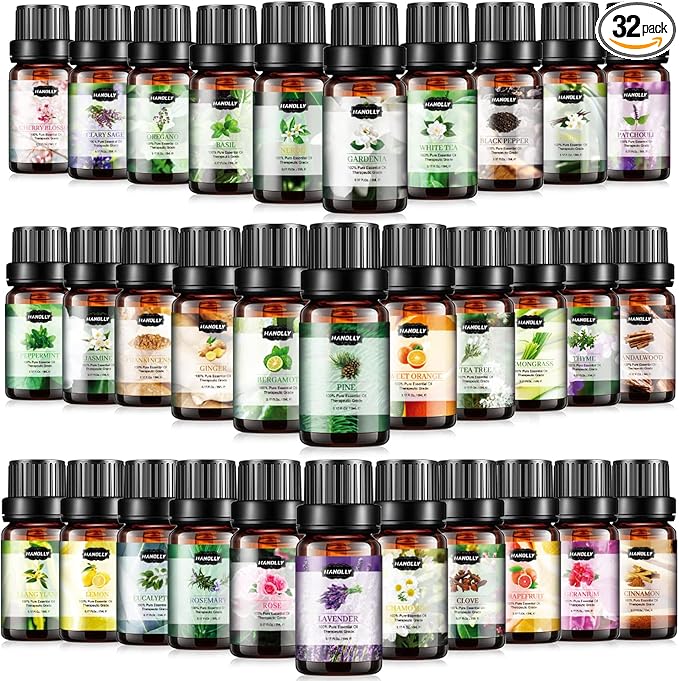 Essential Oils Set, Aromatherapy Essential Oil Kit for Diffuser, Humidifier, Massage, Skin Care (32 x 5ml) - Eucalyptus, Lavender, Tea Tree, Peppermint, Lemongrass, Frankincense, Cinnamon, Sandalwood