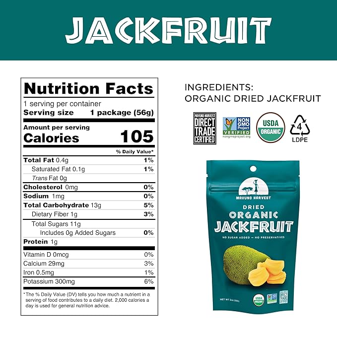 Mavuno Harvest Jackfruit Dried Fruit Snacks | Unsweetened Organic Dried Jackfruit Chips | Gluten Free Healthy Snacks for Kids and Adults | Vegan, Non GMO, Direct Trade | 2 Ounce, Pack of 3