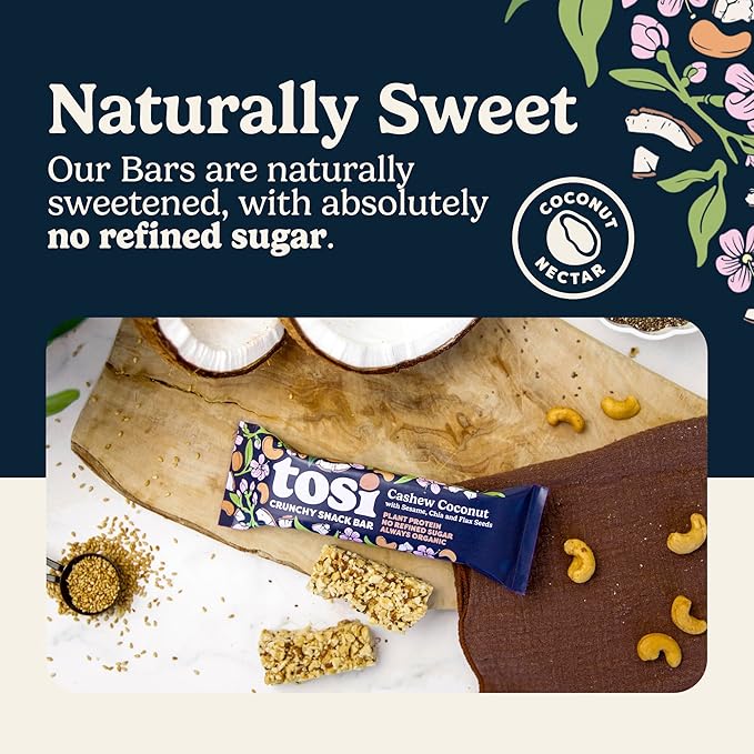 Tosi Cashew Coconut Protein Bars - Crunchy Nut & Seed Vegan Snack Bars, Gluten Free, 6g Plant Based Protein, Organic Flax, Chia, Sesame Seeds, Omega 3s, Low in Sugar, Dairy Free, No Soy - 1 oz 12-Pack