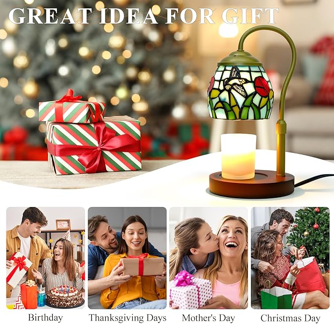 Candle Warmer Lamp - Hummingbird Candle Lamps Timer Dimmer, Tiffany Style Stained Glass Candle Warming Lamp Compatible with Small Jar Candles Gifts for Her, for Mom Wax Melt Warmer for Home Decor