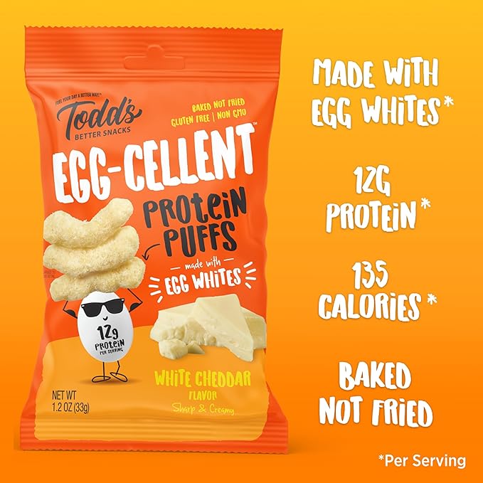 Todd's Better Snacks Egg-Cellent Protein Puffs, White Cheddar – 12g Protein, Gluten-Free, Paleo-Friendly, Baked, GLP-1 Compliant – Healthy Snack, Made with Egg Whites – 1.2 Oz (Pack of 10)