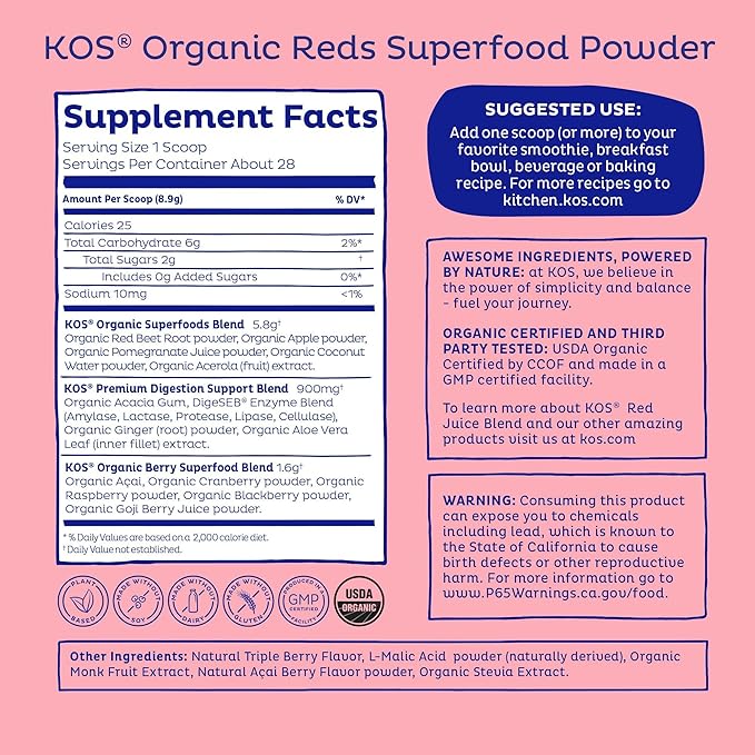 KOS Reds Superfood Powder for Antioxidants - USDA Certified Organic Beet Root, Goji Berries, Acai, Pomegranate, Coconut Water & Digestion Enzymes- Goji Berry Popsicle Flavor Juice Mix - 28 Servings