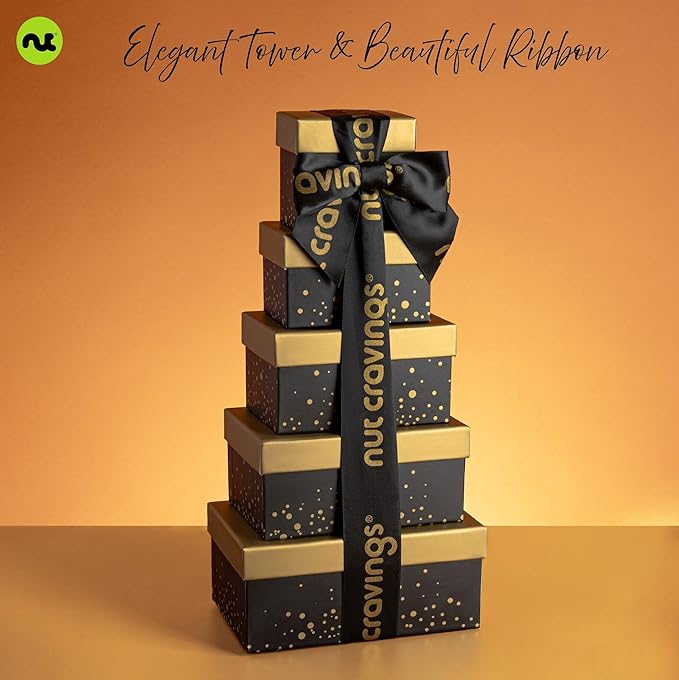 NUT CRAVINGS - Diwali Sweets Hamper Chocolate Covered Pretzels & Caramel Popcorn Gift Basket, in Black Tower + Ribbon (8 Assortments) Food Arrangement Healthy Snack Care Package