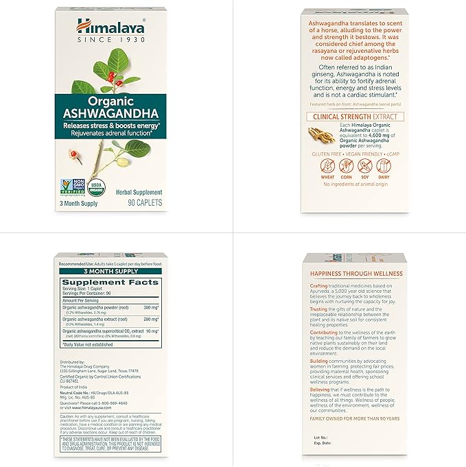 Himalaya Organic Ashwagandha, 90 Day Supply, Herbal Supplement for Stress Relief, Energy Support, Occasional Sleeplessness, USDA Certified Organic, Non-GMO, Vegan, Gluten Free, 670 mg, 90 Caplets