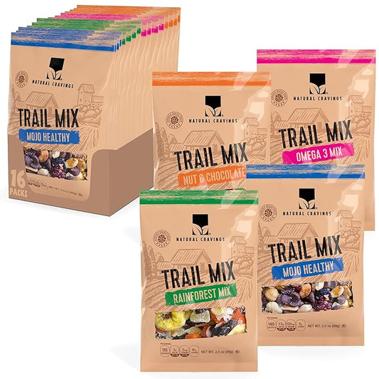 Trail Mix Snack Packs Variety - 4 Bags - Dried Fruit Mix & Nuts Mix with Chocolate Chips, Peanuts, Cranberries, Raisins, Walnuts, Tropical Fruits - Trail Mix Individual Packs, 3.5 oz