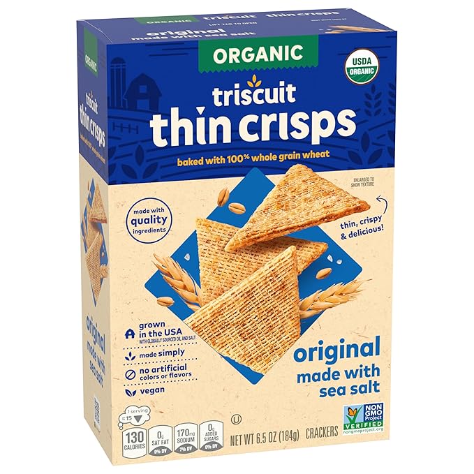 Triscuit Organic Original Whole Grain Wheat Crackers, Organic Crackers, Vegan Snacks, Bulk Lunch Snacks, 6 - 6.5 oz Boxes