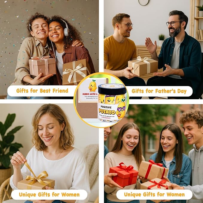 Positive Potato Jar – 60 Motivational Messages & Affirmation Cards with Standee | Cute Desk Decor & Just Because Gift for Women, Coworkers, Teachers | Daily Encouragement, Emotional Support