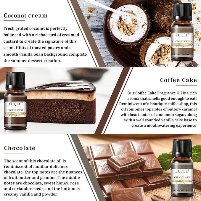EUQEE 6PCS Coffee Fragrance Oil Set(10ml), Premium Fragrance Essential Oils Set for Candle Making, Diffuser-Coffee, Chocolate, Cake, Coconut Cream, Coconut & Vanilla