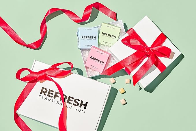 Refresh Gum, Xylitol, Natural, Sugar Free, Plastic Free, Natural Flavors & Organic Ingredients, Plant-Based, Non GMO, Peppermint, Garden Mint & Raspberry Variety Pack, 12 Pcs, 6 Pack