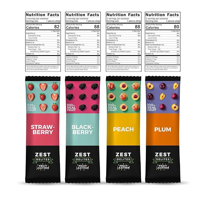 Fruit Snacks by Zest Delites, Fruit Leather, Healthy Snacks for Adults & Kids, Vegan Apple-Based Strips, Dried Strawberry-Peach-Blackberry-Plum Bars, 0.88 oz x 36