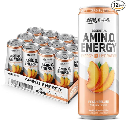 Optimum Nutrition Amino Energy Sparkling Hydration Drink, Electrolytes, Caffeine, Amino Acids, BCAAs, Sugar Free, Peach Bellini, 12 Fl Oz, 12 Pack (Packaging May Vary)