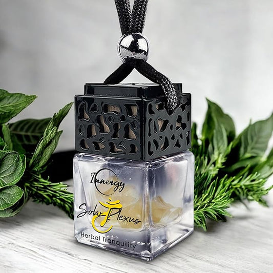 Innergy Solar Plexus Chakra Crystal Infused Car Air Freshener - Portable 8 ml. Hanging Essential Oil Diffuser for Vehicle, Long-Lasting Fragrance, Eco-Friendly Design, Freshness On The Go!