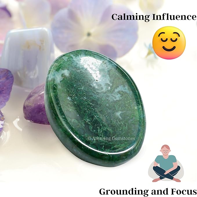 Amazing Gemstone Moss Agate Worry Stone Crystals and Healing Stones - Worry Stones for Stress Relief Gifts - Piedra Crystal Fidget for Meditation, Calming, Relaxation