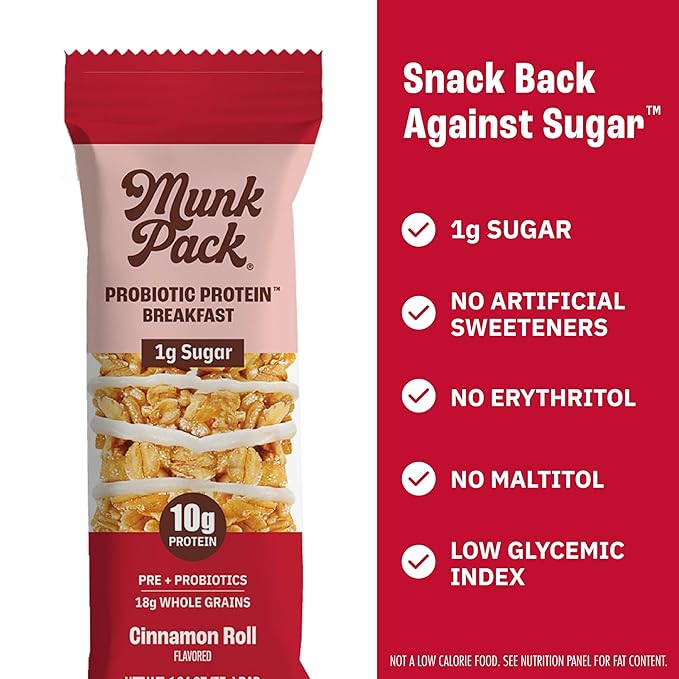 Munk Pack Probiotic Protein Breakfast Bars - 10g Plant Protein, 1g Sugar, 6g Fiber – For Adults & Kids, Low Sugar Snack, Gluten-Free, Diabetic-Friendly, Non-GMO, Cinnamon Roll - 12 Pack