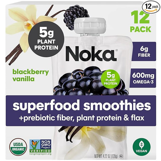 Noka Superfood Fruit Smoothie Pouches, Blackberry Vanilla, Healthy Snacks with Flax Seed, Plant Protein and Prebiotic Fiber, Vegan and Gluten Free Snacks, Organic Squeeze Pouch, 4.22 oz, 12 Count