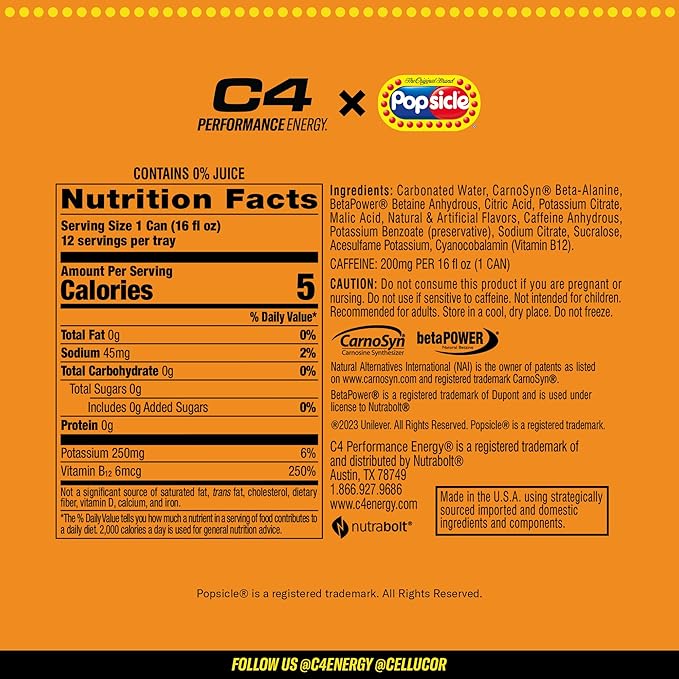 C4 Energy Drink x Popsicle Variety Pack, Carbonated Sugar Free Pre Workout Performance Drink with no Artificial Colors or Dyes, 3 Flavors - Grape, Hawaiian Pineapple, and Cherry, 16 Oz, Pack of 12