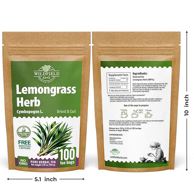 100 Bags Dried Lemongrass Tea Lemon Grass Leaf Herbal Tea Zacate De Limon (Cymbopogon) - 100 Count 1.5g Bags Lemongrass Chai Herb Limoncillo (Hierba Limon)