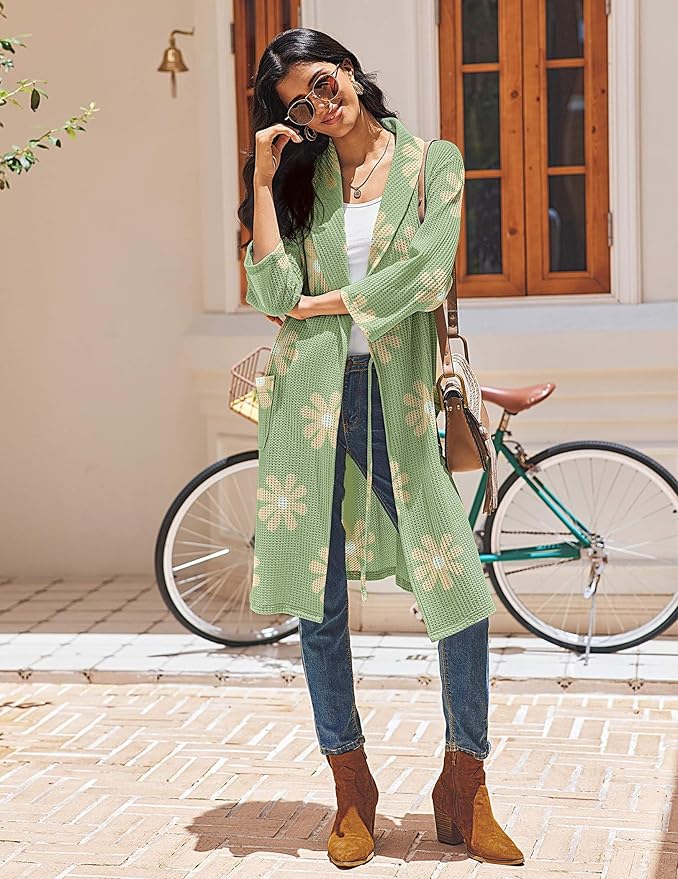 Ekouaer Robes for Women Waffle Knit Bathrobe Lightweight Kimono Robe Knee Length Loungewear with Pockets