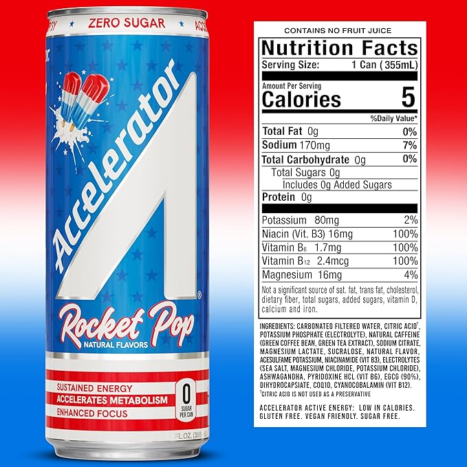 Accelerator Energy Drink Sugar Free, Rocket Pop 12oz can(12 pack)Zero Sugar Energy Drinks with Sustained Energy from 100% Natural Caffeine (200mg) & Green Tea extract