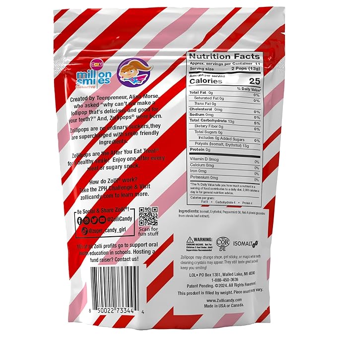 Zollipops Clean Teeth Pops Sugar Free Candy with Xylitol, Dye-Free Lollipops - Keto & Diabetic-Friendly, Dentist-Approved Treats for Kids (Peppermint 5.2 oz)