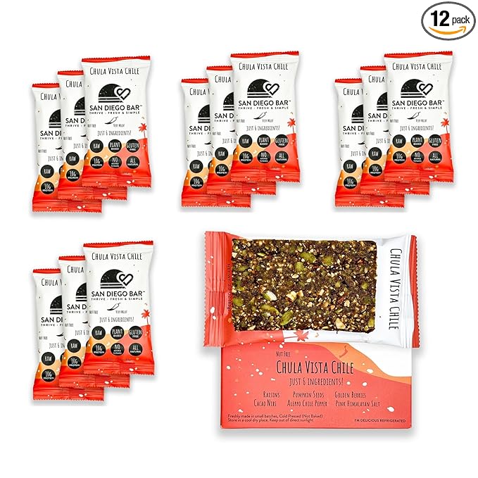 San Diego Bar-Chula Vista Chile | Chile Mild Heat | RAW & Vegan Protein Bars | Sugar-Free | Gluten Free | Breakfast Bars | Energy Bars | Snack Bars | 6 Whole Food Ingredients | 10g Plant-Based Protein