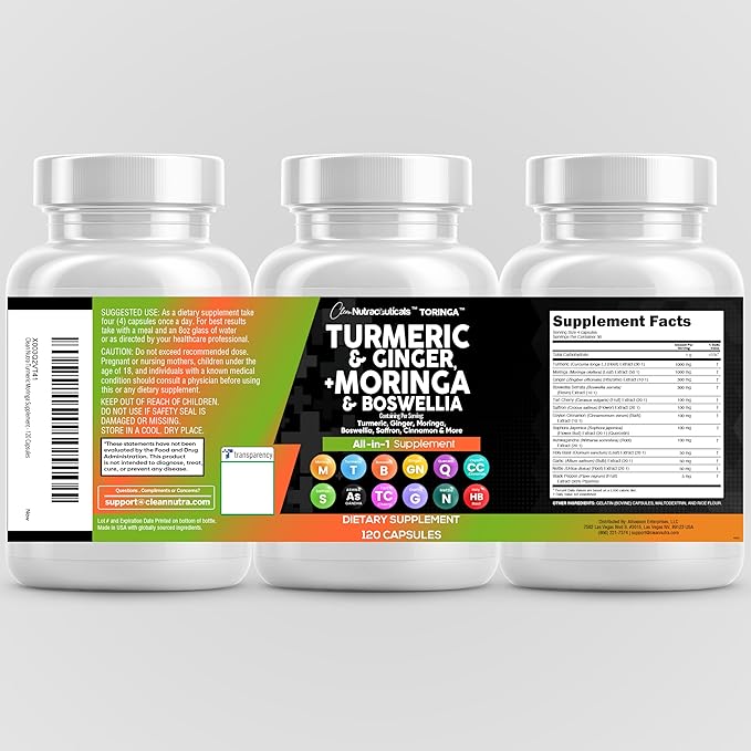 Clean Nutraceuticals Turmeric Moringa Supplement | Ginger Boswellia Saffron - Supplement for Women and Men with Ceylon Cinnamon, Tart Cherry, Quercetin Garlic Nettle Holy Basil - 1Pack