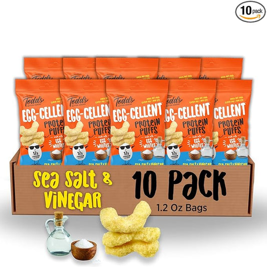 Todd's Better Snacks Egg-Cellent Protein Puffs, Sea Salt & Vinegar – 12g Protein, Gluten-Free, Paleo-Friendly, Baked, GLP-1 Compliant – Healthy Snack, Made with Egg Whites – 1.2 Oz (Pack of 10)
