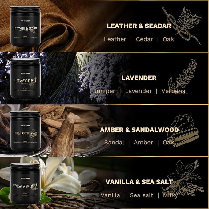 4 Pack Manly Scented Candles for Men Burn Time 200h Soy Candle Set for Home 7Oz Wood Wick Aromatherapy Candles for Relaxation Scented Leather Cedar/Lavender/Amber Sandalwood/Vanilla Candles