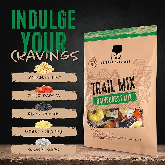 Natural Cravings Trail Mix Snack Dried Fruit Mix & Nuts Mix with Chocolate Chips, Peanuts, Cranberries, Raisins, Walnuts, Tropical Fruits (12 Pack, Rainforest Mix)
