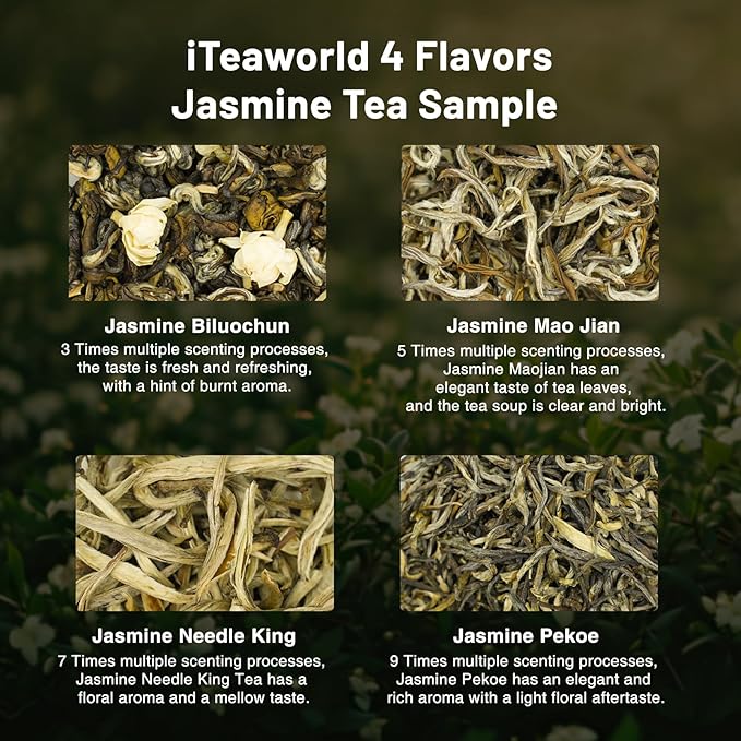 iTeaworld Jasmine Green Tea Loose Leaf Samplers Set, With Different Flowery Aromas, No Sweetener, Sweet After Taste, 4 Different Grades of Jasmine Tea Loose Leaf, 16 Pack/56g