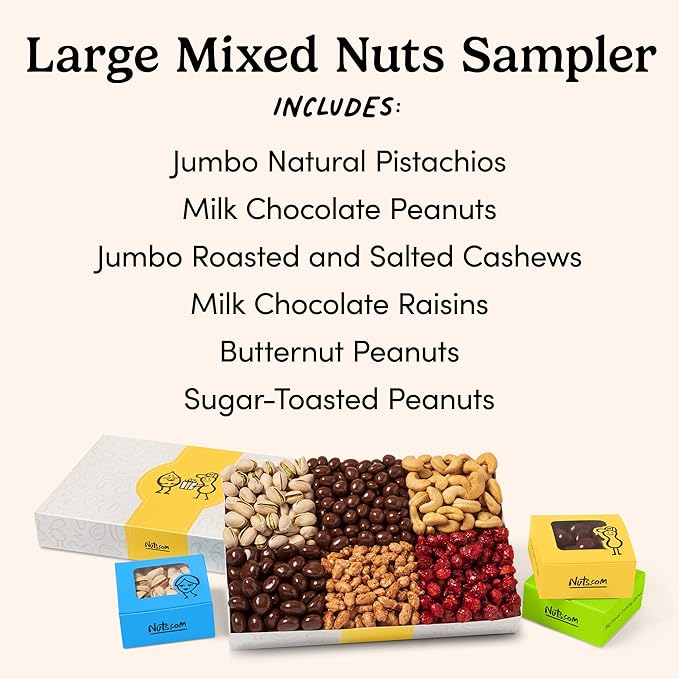 Nuts.com – Large Mixed Nuts Sampler for Fall, Thankgiving and Festive Gifts — Healthy Snack Box w/ 2 Lbs of Natural Pistachios, Peanuts, Raisins, Roasted Cashews