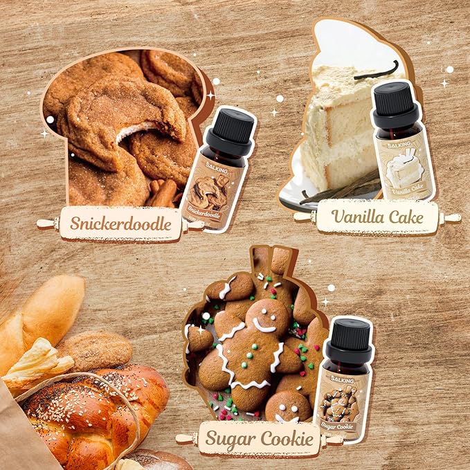 SALKING Bakery Fragrance Oils, Premium Essential Oil for Diffuser, Scented Oil Set for Soap Candle Making - Chocolate Chip Cookies, Apple Pie, Cinnamon Rolls, Vanilla Cake, Snickerdoodle, Sugar Cookie