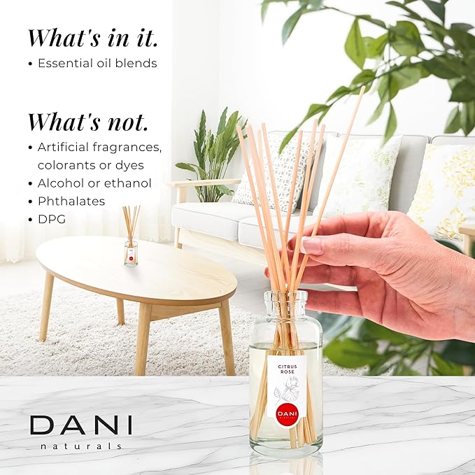 DANI Naturals Reed Diffuser Set - Citrus Rose Scent - Aromatherapy Essential Oils - Alcohol-Free, Non-Toxic, Eco-Friendly, 10 Reeds - 3.5 oz