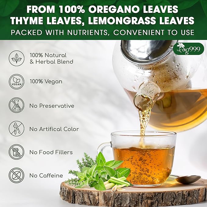 TOG999, Premium Oregano Herbal Tea with Jasmine-Like Notes ā 60 Tea Bags | Blend of Oregano, Thyme & Lemongrass | Caffeine-Free, Natural Flavor, Premium Quality Herbal Infusion