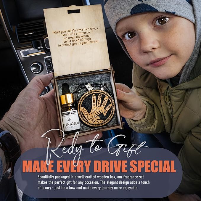 Wood Car Air Freshener — Handcrafted Air Freshener — Father’s Hands Fragrance Oil Diffuser in Wooden Gift Box — Christmas Gift for Car with Ocean Breeze Scent Fragrance Oil - 10 ml