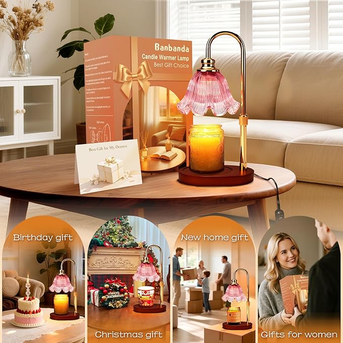 Electric Candle Warmer Lamp with Timer: Adjustable Height & Brightness, Wax Warmer for House Warming Gifts, New Home Room Decor,Birthday Gifts for Mom & Women (Pink)