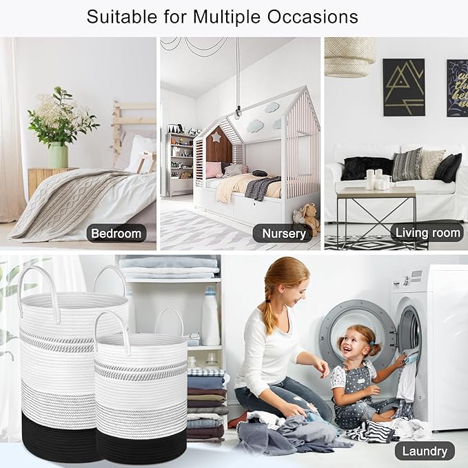 2 Pack Large Tall Rope Laundry Baskets, Cotton Laundry Hamper, Dirty Clothes Hampers Woven Basket, Blanket Basket Storage for Living Room, Dirty Clothes Baskets for Bedroom, Baby Room, 58L&28L Black