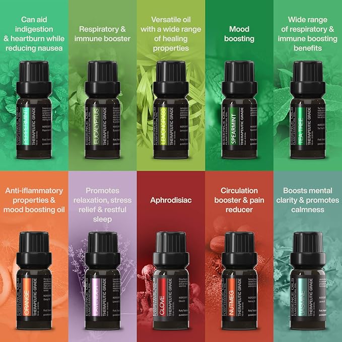 Pure Daily Care Aromatherapy Top 10 Essential Oil Set – Therapeutic Grade Single Ingredient Oils – Uplift Mind, Body and Spirit – 10 x 10 Ml Bottles – No Fillers & No Additives